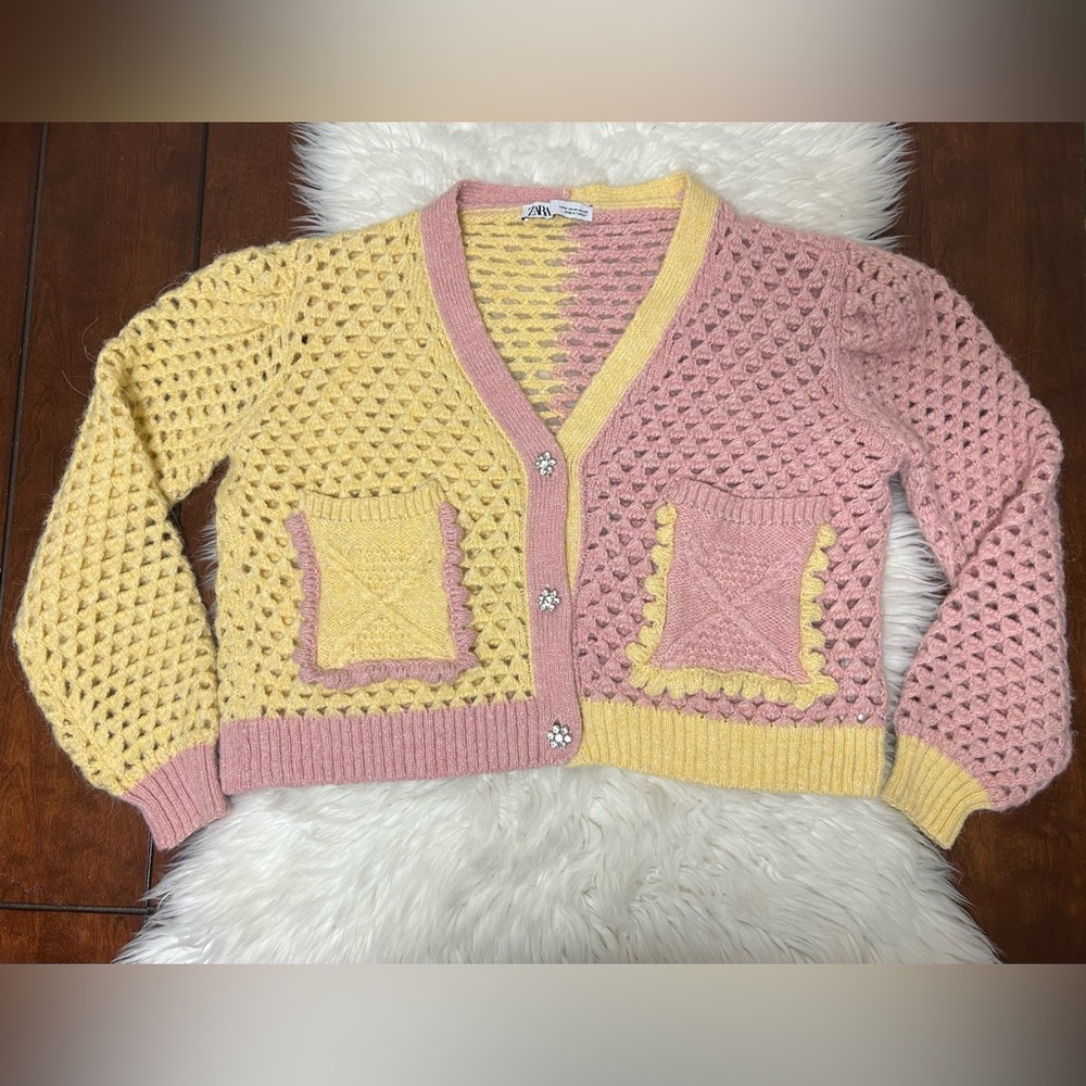 Zara Pastel Yellow and Pink Crochet Cardigan - Picture 6 of 16